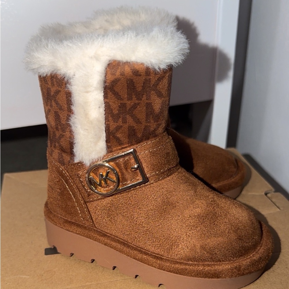 Michael Kors Chestnut Brown Shearling Trim Logo Strap Boot